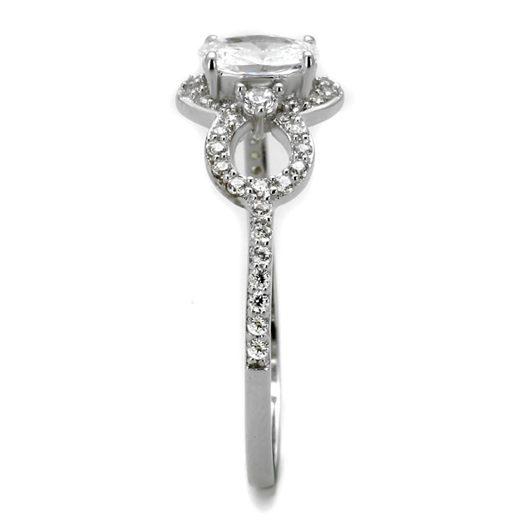 TS486 Rhodium 925 Sterling Silver Ring featuring a clear AAA Grade CZ stone, showcasing its elegant design and shiny finish.