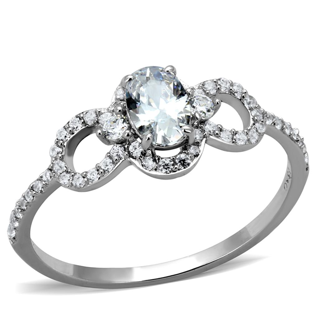 TS486 Rhodium 925 Sterling Silver Ring featuring a clear AAA Grade CZ stone, showcasing its elegant design and shiny finish.