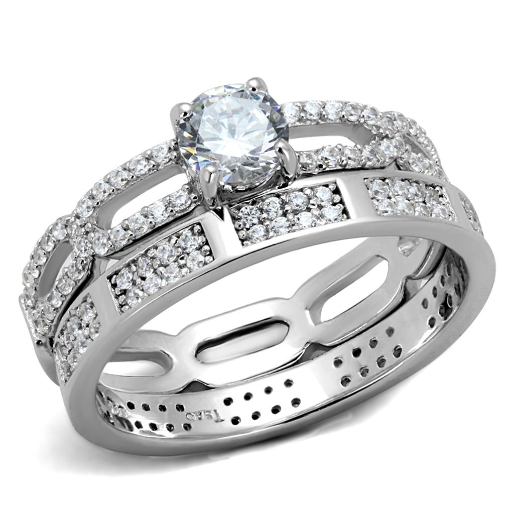 TS499 Rhodium 925 Sterling Silver Ring featuring AAA Grade Clear CZ stone, showcasing its elegant design and shine.