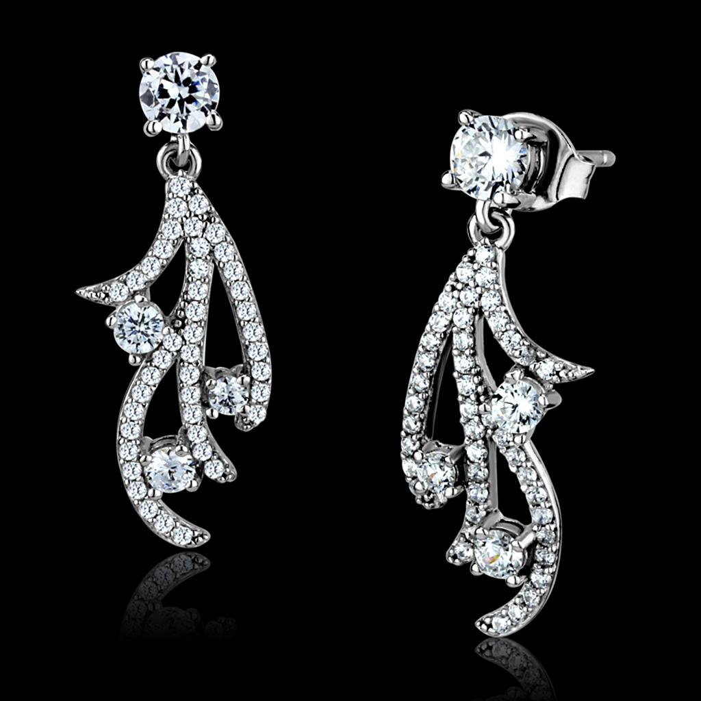 TS495 Rhodium 925 Sterling Silver Earrings featuring AAA Grade clear CZ stones, showcasing elegance and shine.