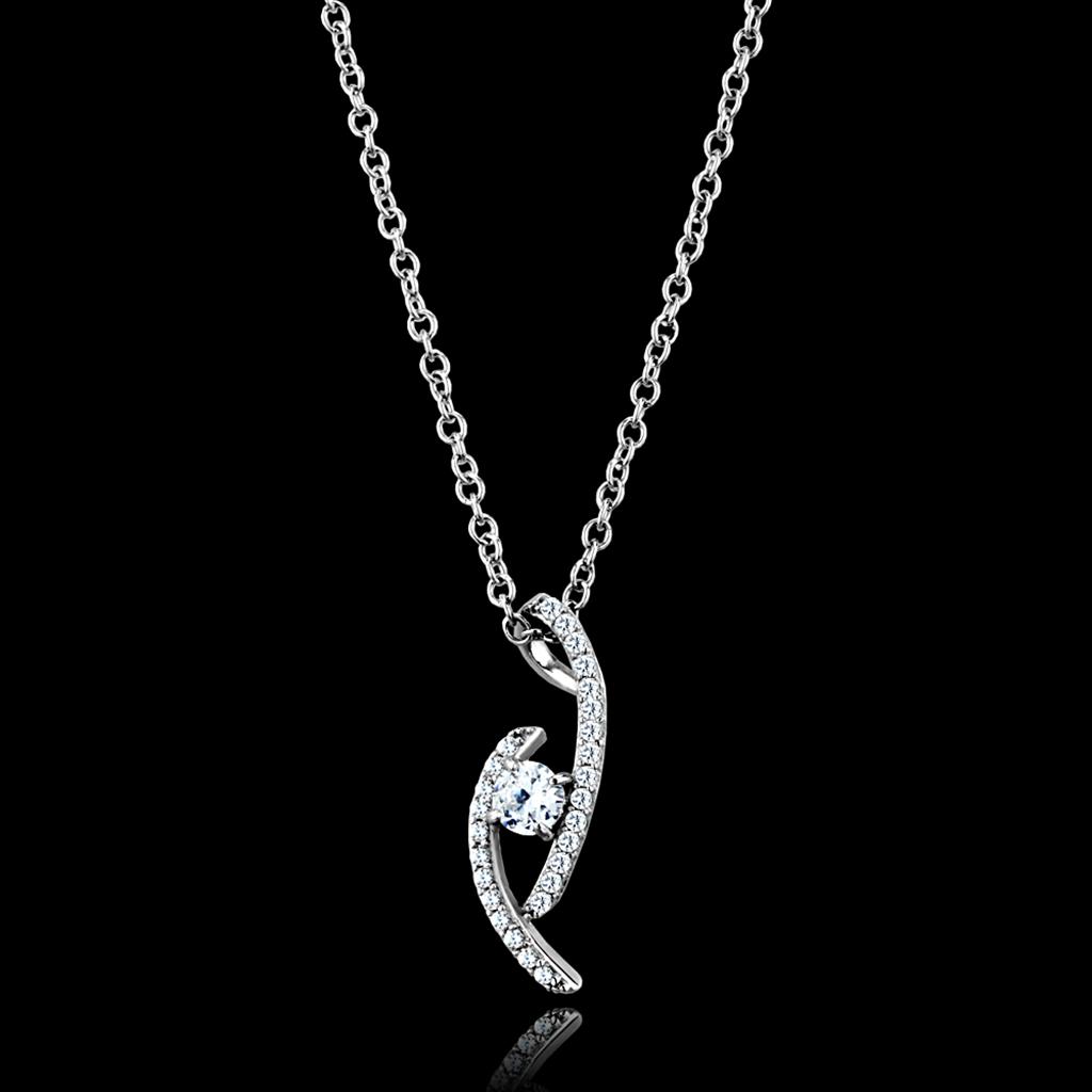 TS515 Rhodium 925 Sterling Silver Necklace featuring AAA Grade Clear CZ stone, showcasing its elegant design and high-quality materials.