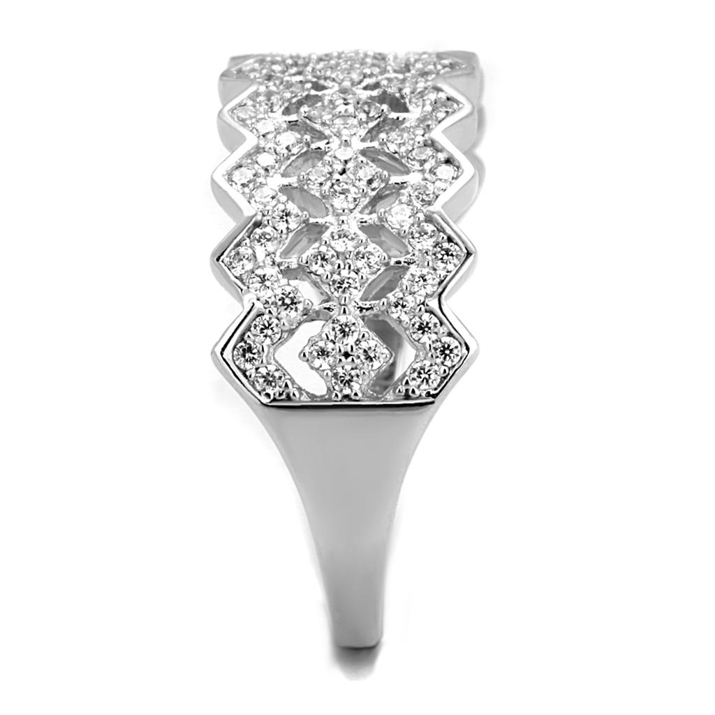 TS517 Rhodium 925 Sterling Silver Ring featuring a clear AAA Grade CZ stone, showcasing its elegant design and shiny finish.