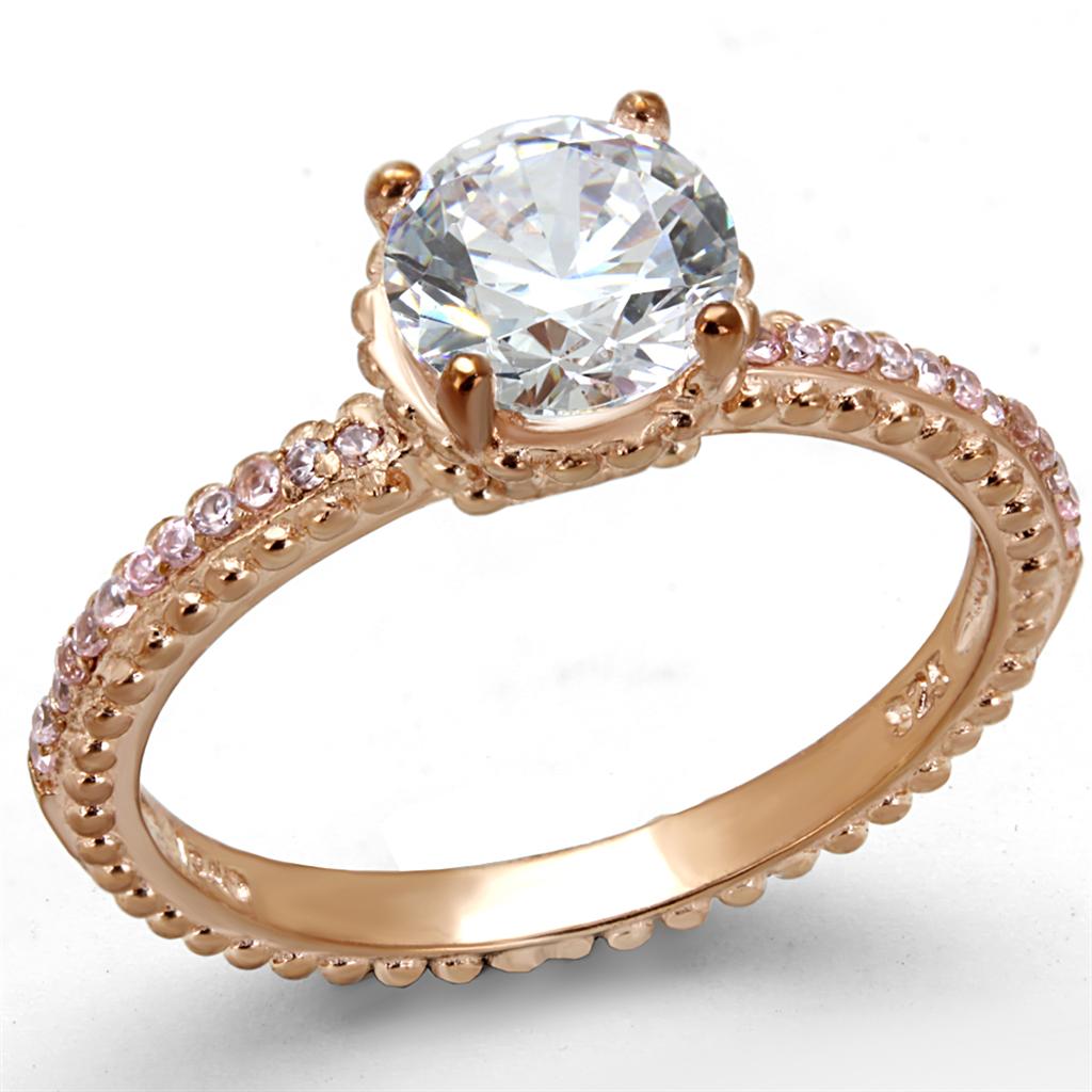 TS518 Rose Gold 925 Sterling Silver Ring featuring AAA Grade Clear CZ, showcasing its elegant design and sparkling center stone.