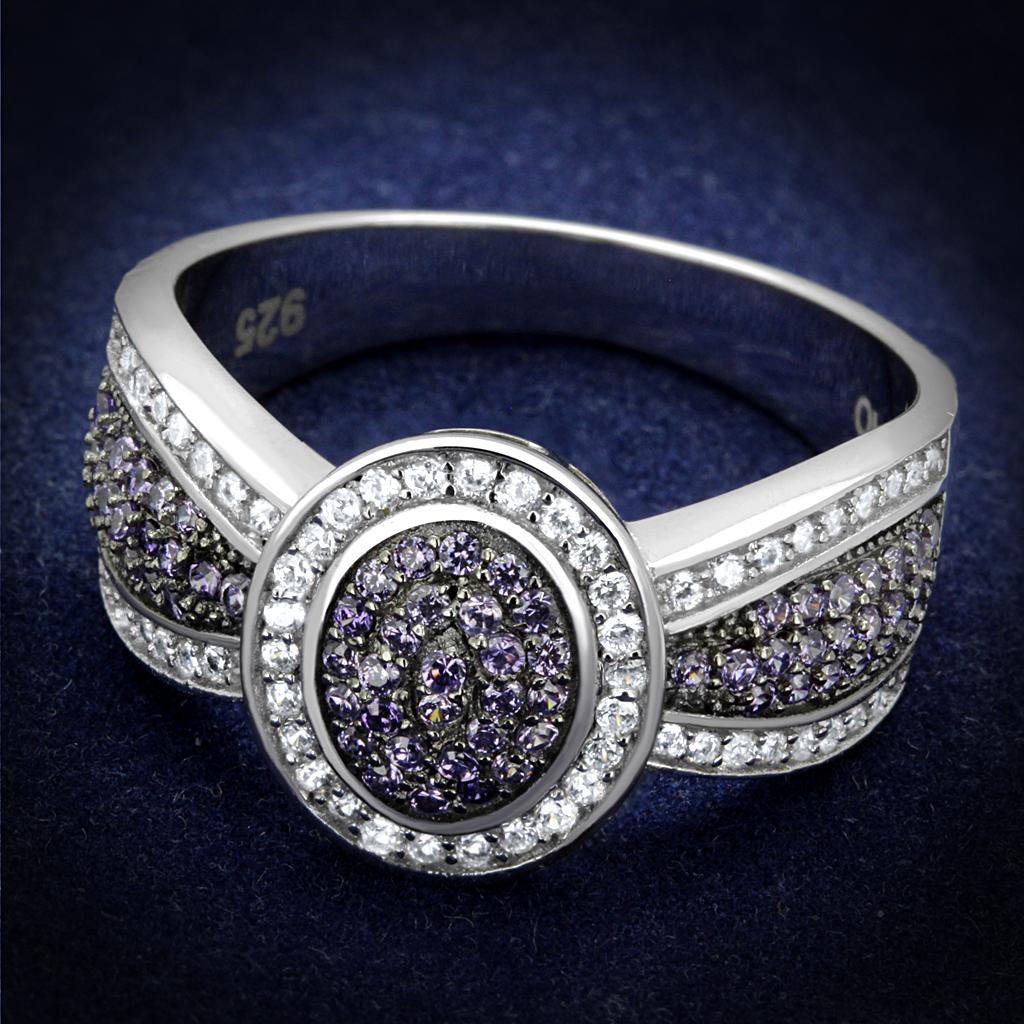 TS523 Rhodium and Ruthenium 925 Sterling Silver Ring featuring an AAA Grade CZ center stone in Amethyst color.