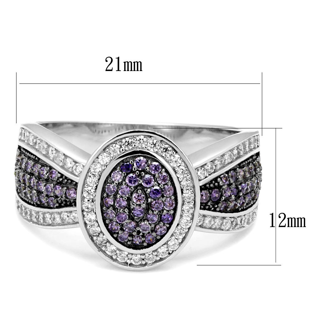 TS523 Rhodium and Ruthenium 925 Sterling Silver Ring featuring an AAA Grade CZ center stone in Amethyst color.