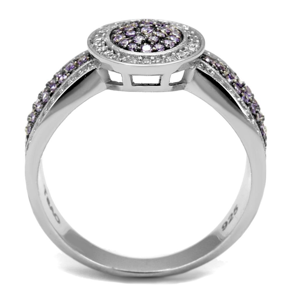 TS523 Rhodium and Ruthenium 925 Sterling Silver Ring featuring an AAA Grade CZ center stone in Amethyst color.