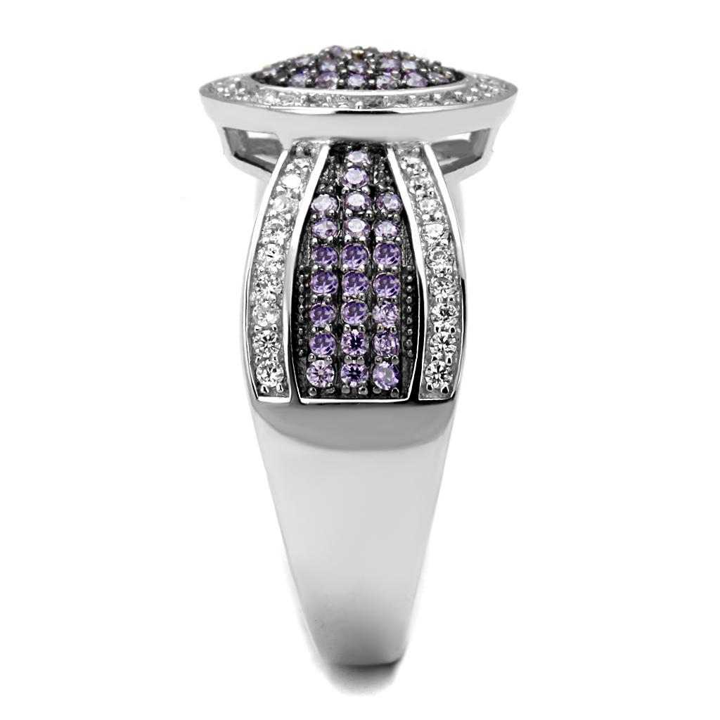 TS523 Rhodium and Ruthenium 925 Sterling Silver Ring featuring an AAA Grade CZ center stone in Amethyst color.