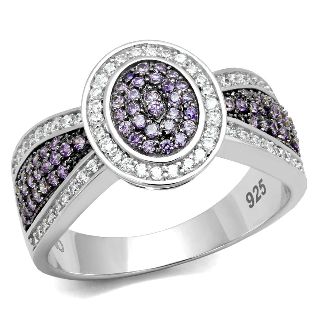 TS523 Rhodium and Ruthenium 925 Sterling Silver Ring featuring an AAA Grade CZ center stone in Amethyst color.