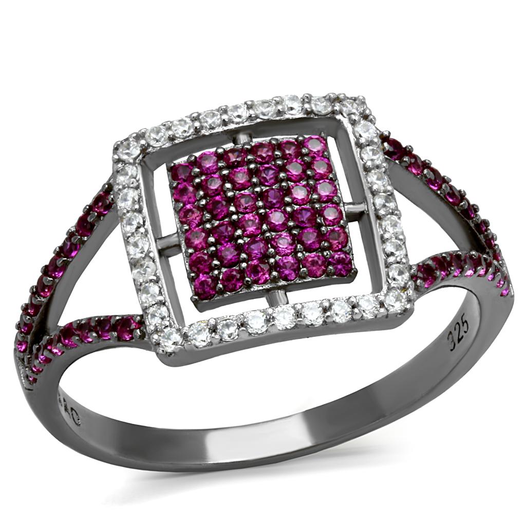 TS533 Rhodium and Ruthenium 925 Sterling Silver Ring featuring AAA Grade CZ in ruby color, showcasing its elegant design and quality craftsmanship.