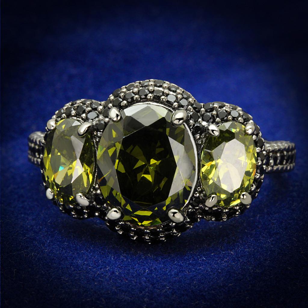 TS547 Ruthenium 925 Sterling Silver Ring featuring an AAA Grade Olivine CZ stone, showcasing its elegant design and luxurious finish.