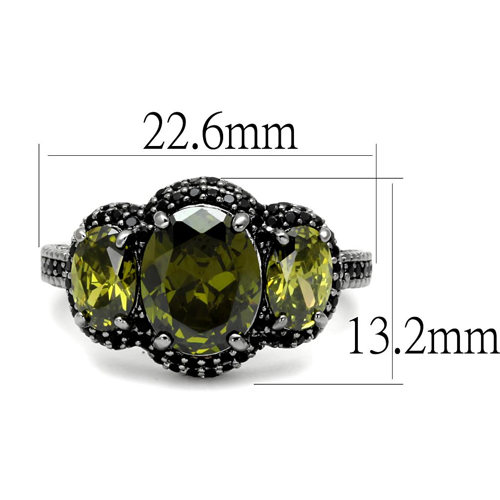 TS547 Ruthenium 925 Sterling Silver Ring featuring an AAA Grade Olivine CZ stone, showcasing its elegant design and luxurious finish.