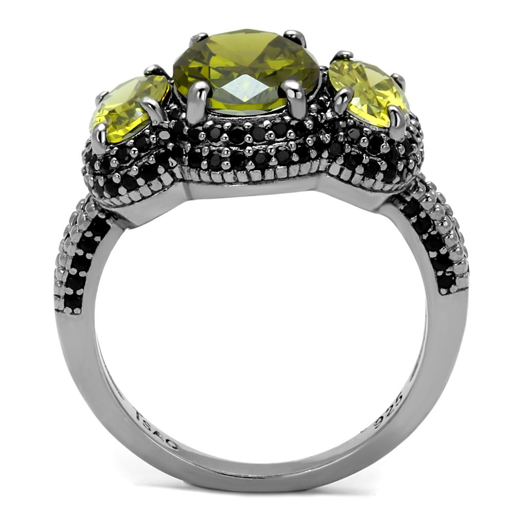 TS547 Ruthenium 925 Sterling Silver Ring featuring an AAA Grade Olivine CZ stone, showcasing its elegant design and luxurious finish.