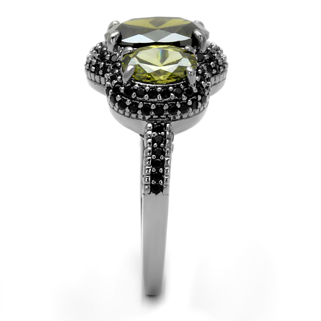 TS547 Ruthenium 925 Sterling Silver Ring featuring an AAA Grade Olivine CZ stone, showcasing its elegant design and luxurious finish.