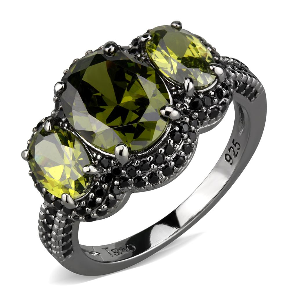 TS547 Ruthenium 925 Sterling Silver Ring featuring an AAA Grade Olivine CZ stone, showcasing its elegant design and luxurious finish.