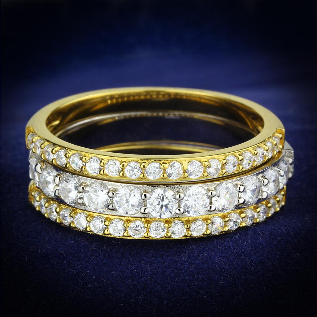 TS568 Gold and Rhodium 925 Sterling Silver Ring featuring a clear AAA Grade CZ stone, showcasing elegance and luxury.