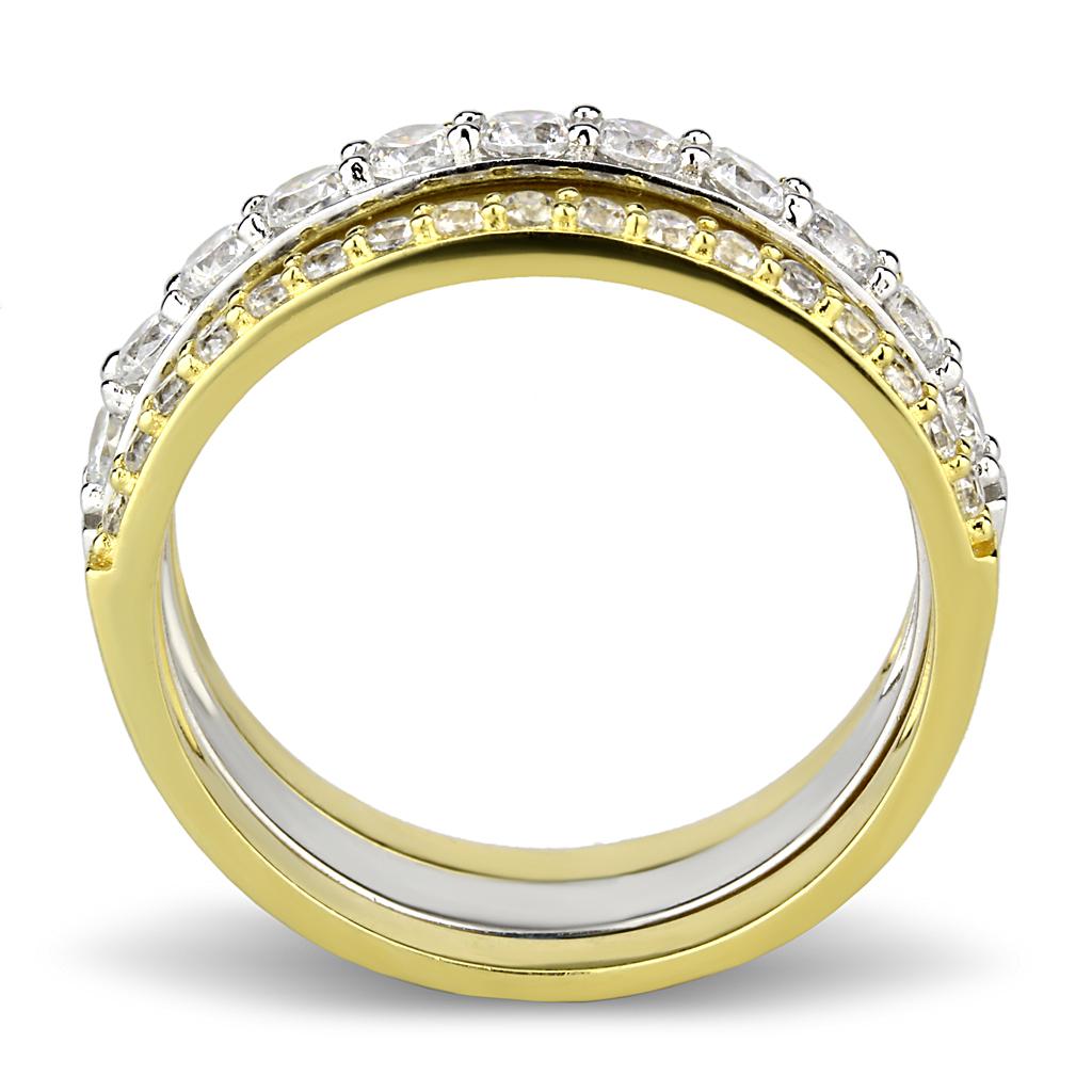 TS568 Gold and Rhodium 925 Sterling Silver Ring featuring a clear AAA Grade CZ stone, showcasing elegance and luxury.