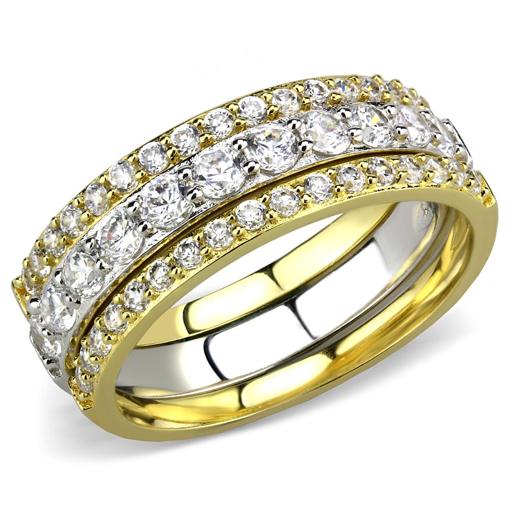 TS568 Gold and Rhodium 925 Sterling Silver Ring featuring a clear AAA Grade CZ stone, showcasing elegance and luxury.