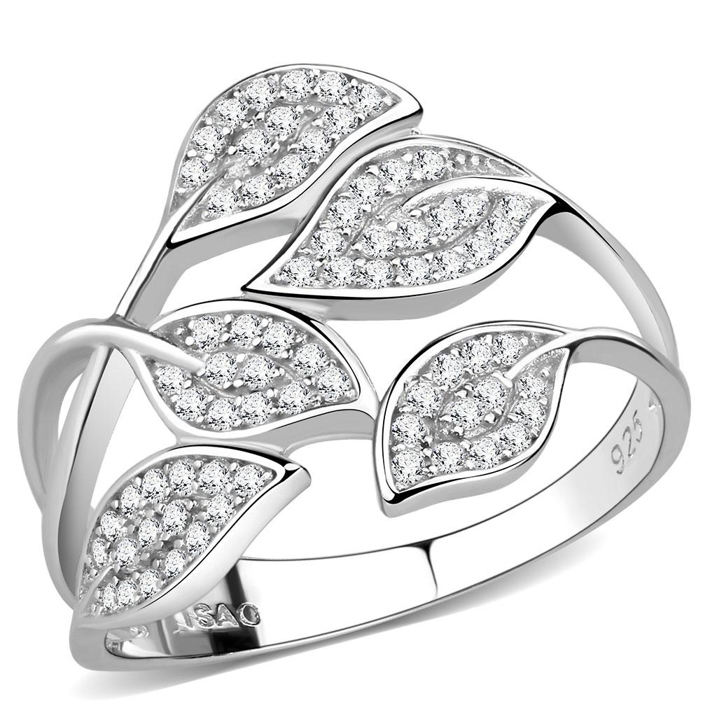 TS618 Rhodium 925 Sterling Silver Ring featuring a clear AAA Grade CZ stone, showcasing its elegant design and shiny finish.