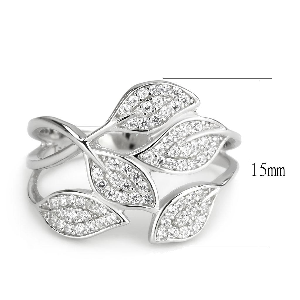 TS618 Rhodium 925 Sterling Silver Ring featuring a clear AAA Grade CZ stone, showcasing its elegant design and shiny finish.