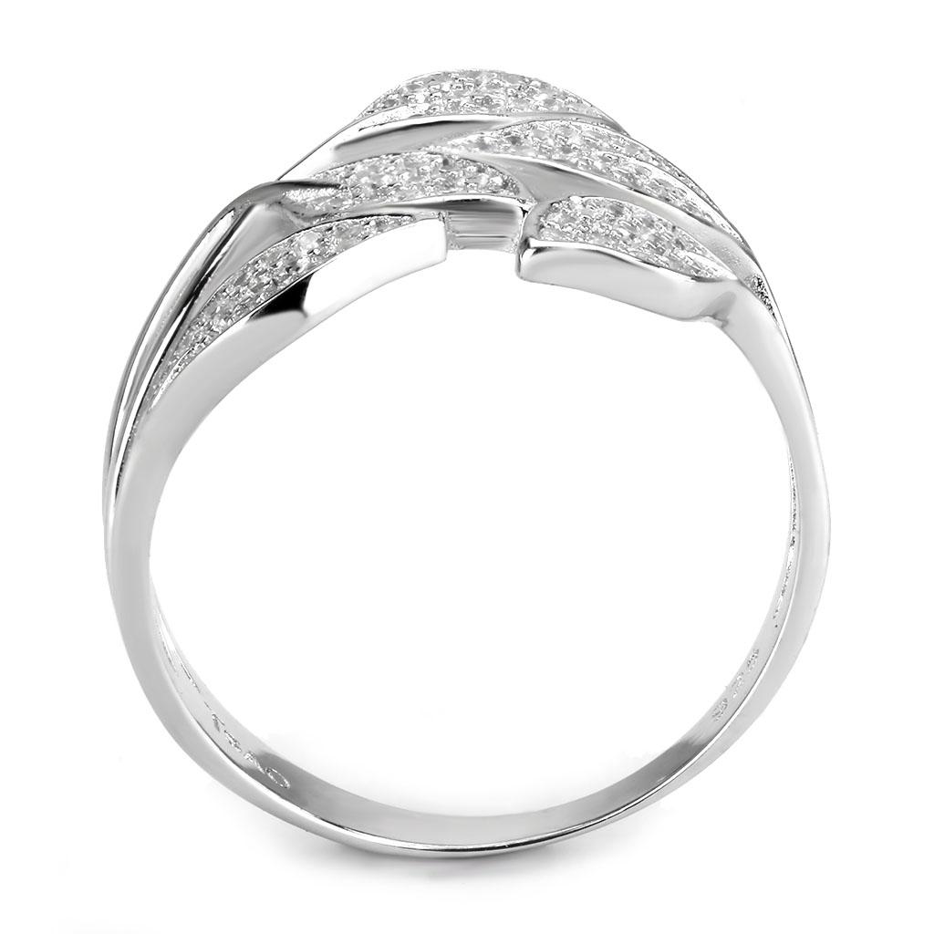 TS618 Rhodium 925 Sterling Silver Ring featuring a clear AAA Grade CZ stone, showcasing its elegant design and shiny finish.