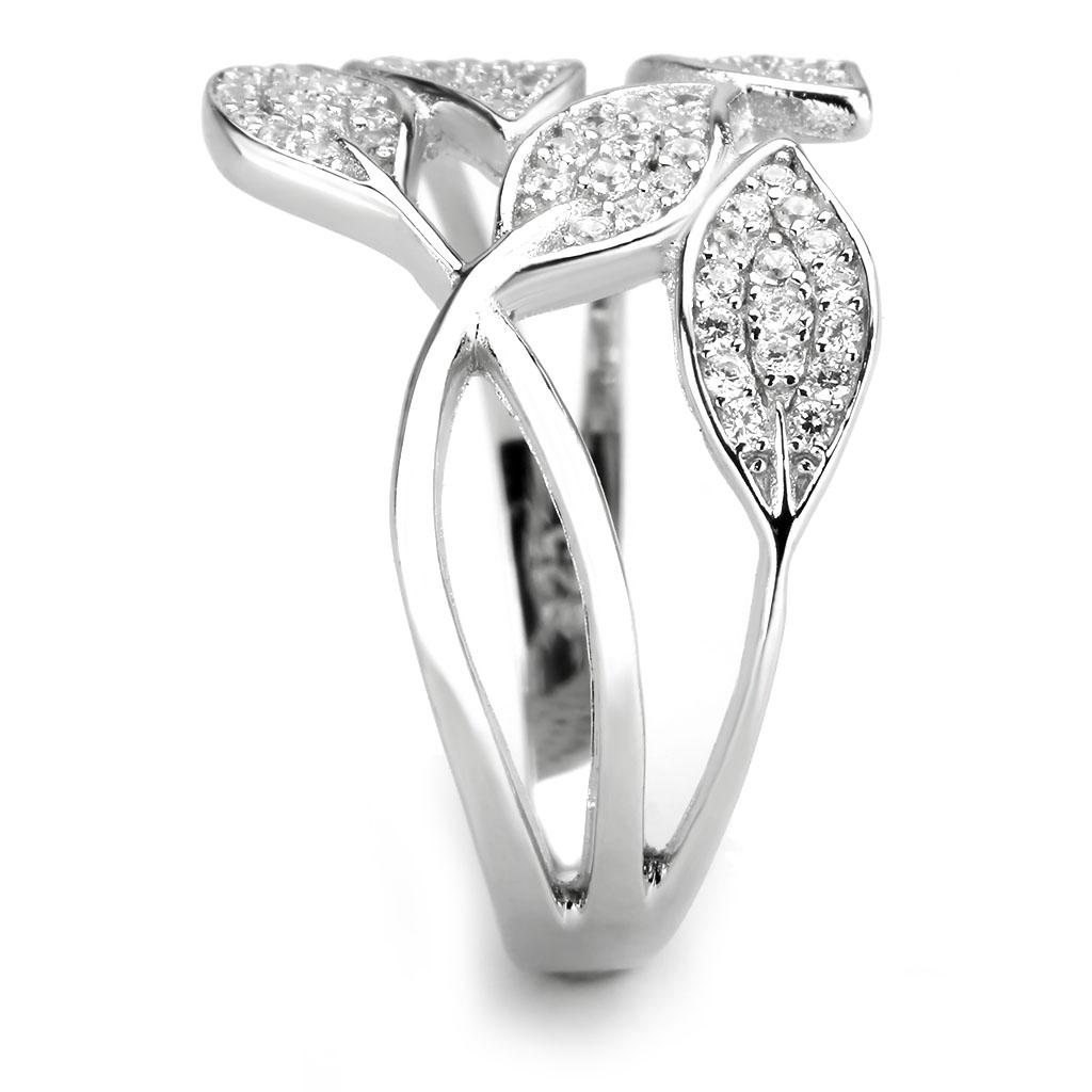 TS618 Rhodium 925 Sterling Silver Ring featuring a clear AAA Grade CZ stone, showcasing its elegant design and shiny finish.