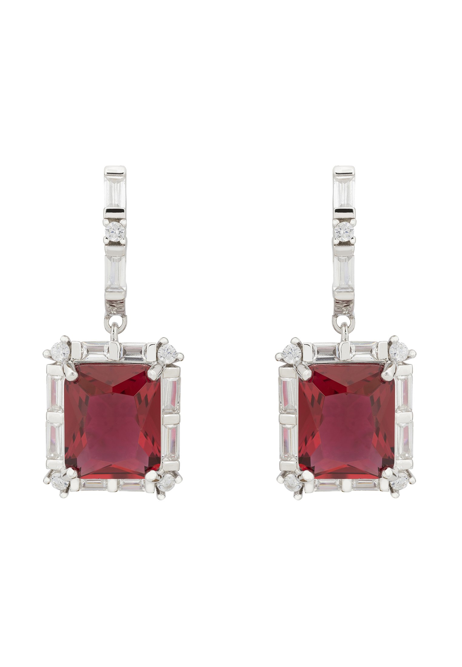 Tudor Silver Earring Ruby featuring a cultured ruby gemstone surrounded by baguette cut cubic zirconia in a sterling silver setting.