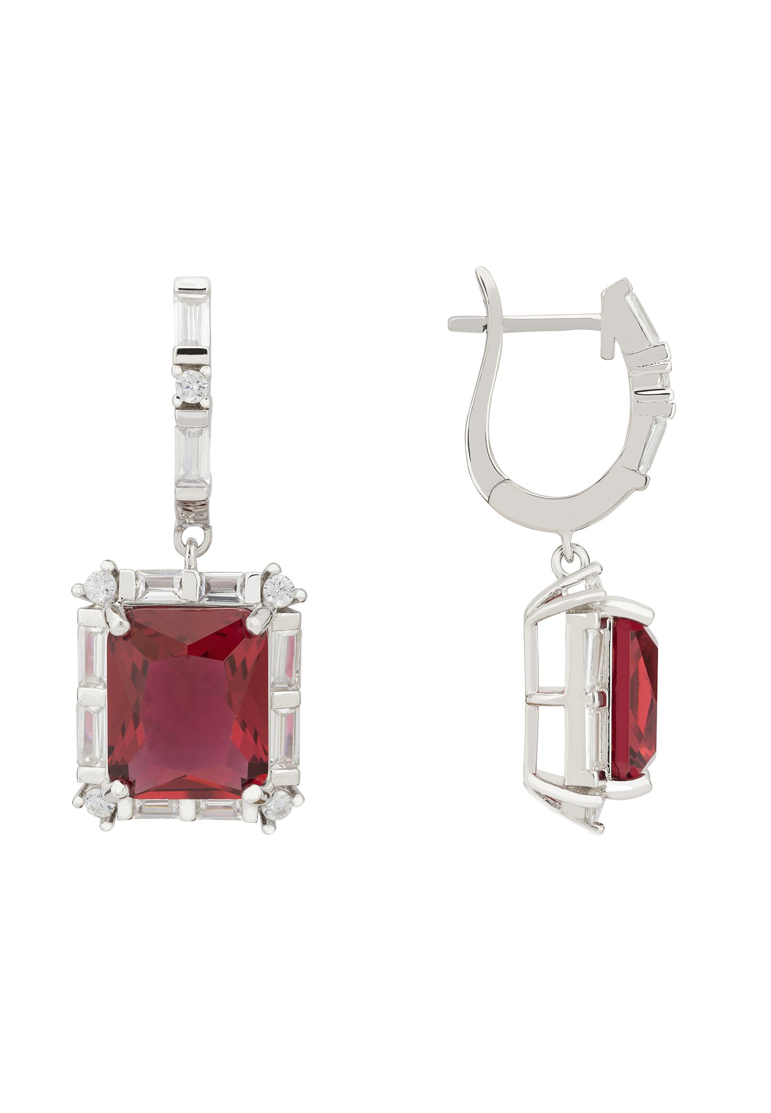 Tudor Silver Earring Ruby featuring a cultured ruby gemstone surrounded by baguette cut cubic zirconia in a sterling silver setting.