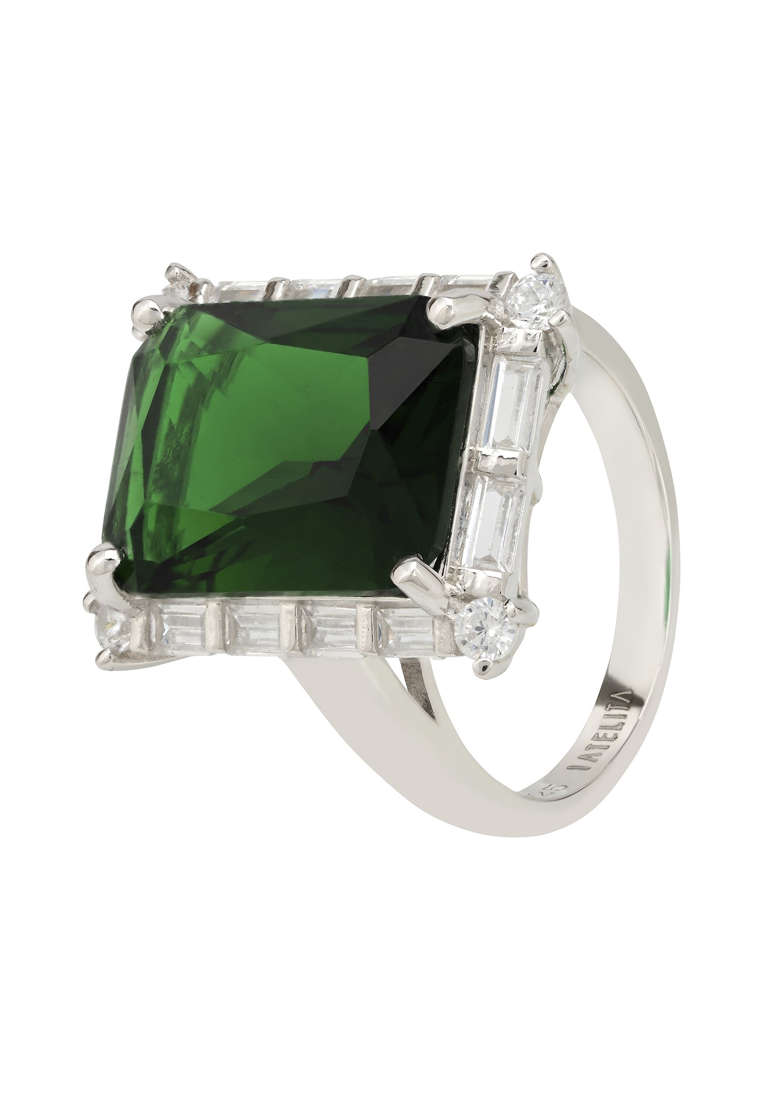 Tudor Silver Ring featuring a large rectangular emerald surrounded by baguette cut white zircons, handcrafted in sterling silver.