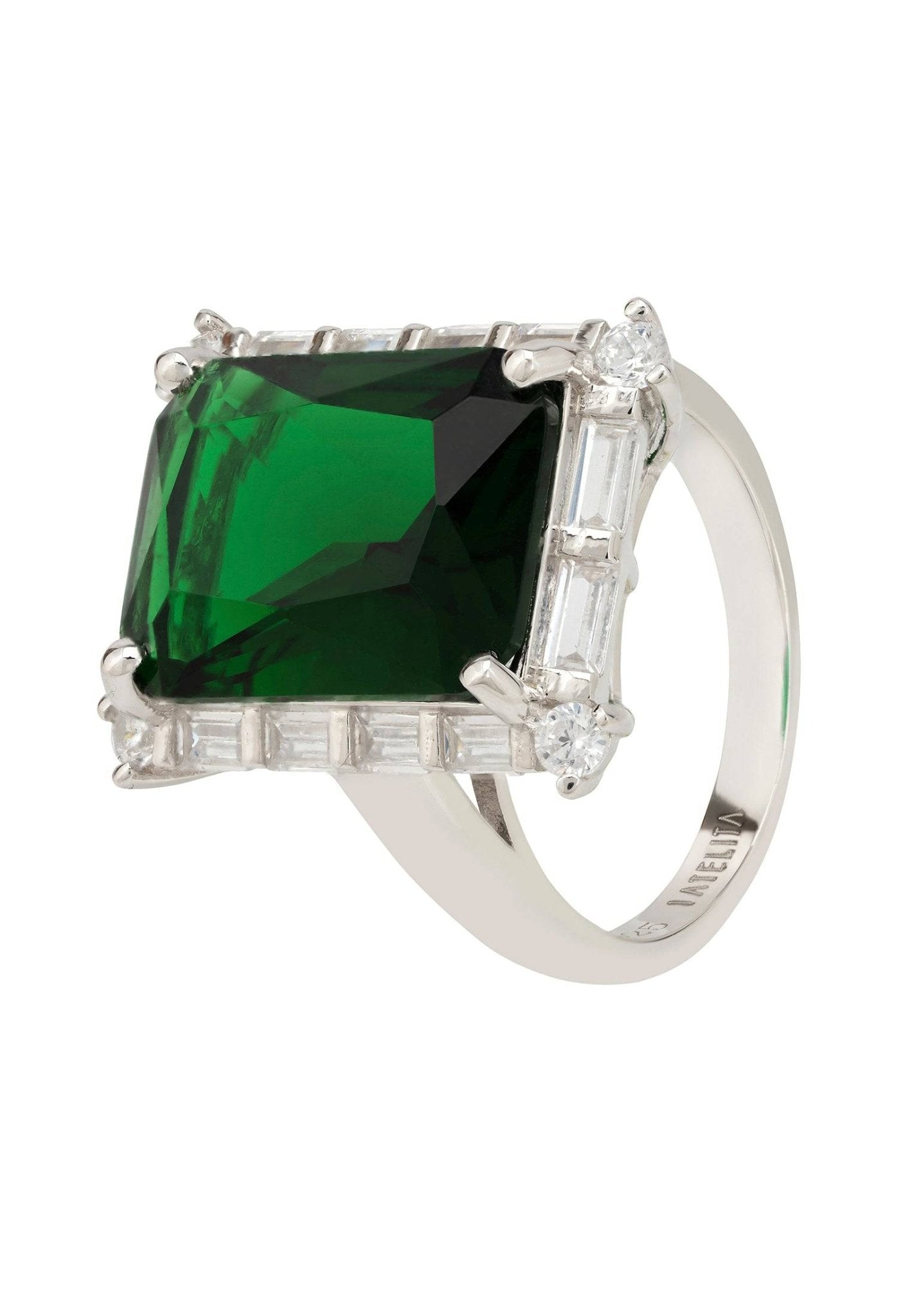 Tudor Silver Ring featuring a large rectangular emerald surrounded by baguette cut white zircons, handcrafted in sterling silver.