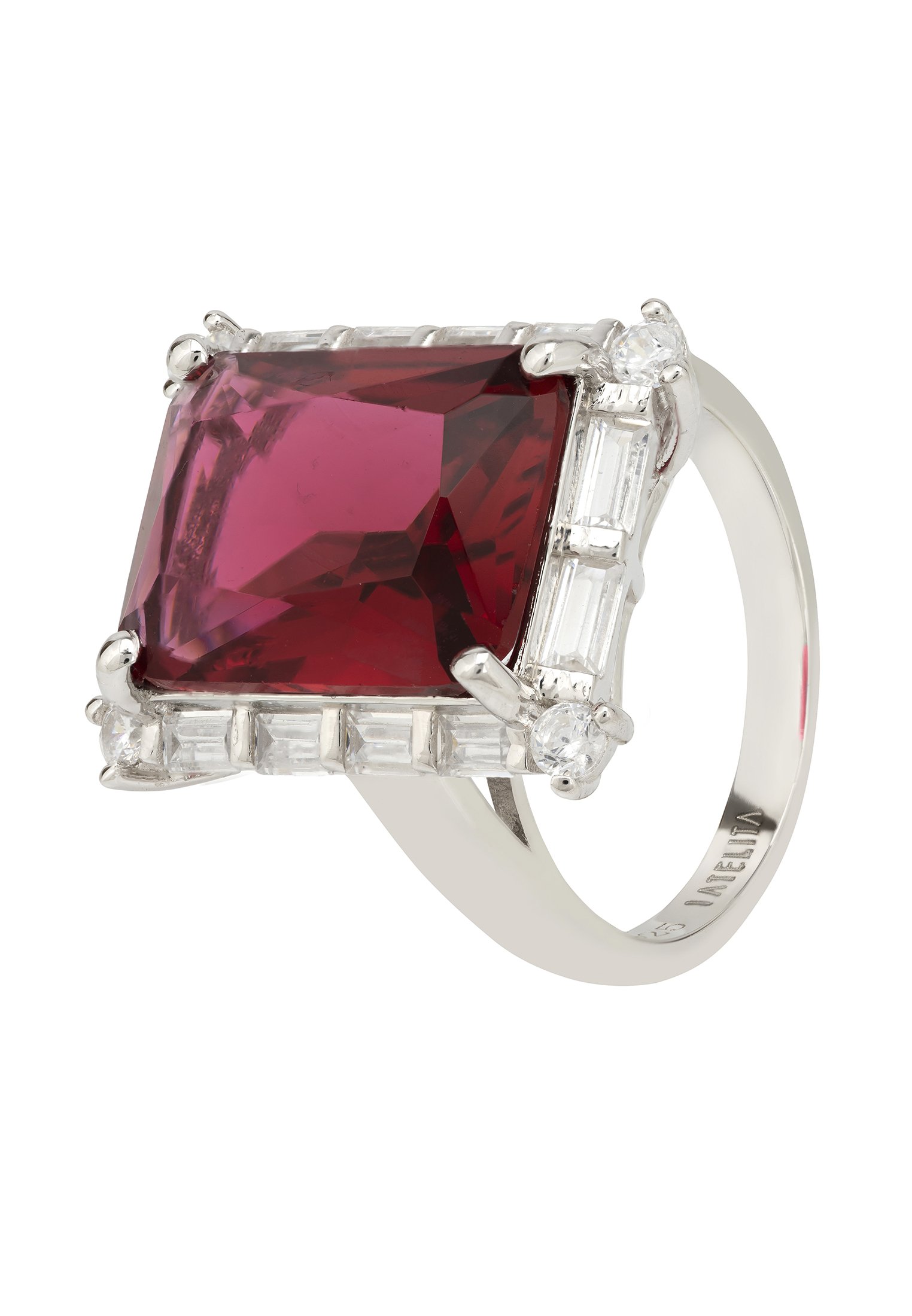 Tudor Silver Ring featuring a large rectangular ruby surrounded by baguette-cut white zircons, handcrafted in 925 sterling silver.