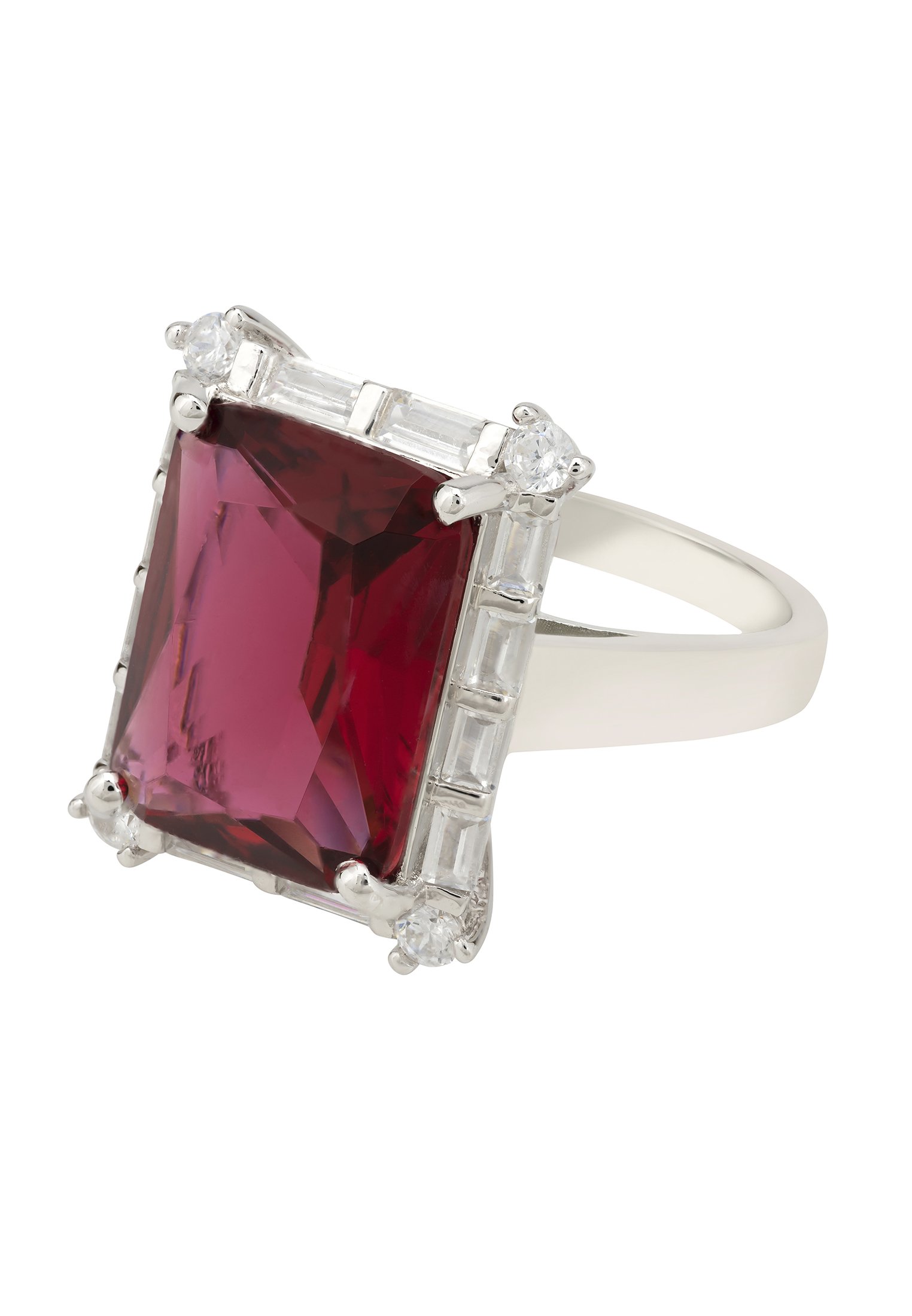 Tudor Silver Ring featuring a large rectangular ruby surrounded by baguette-cut white zircons, handcrafted in 925 sterling silver.