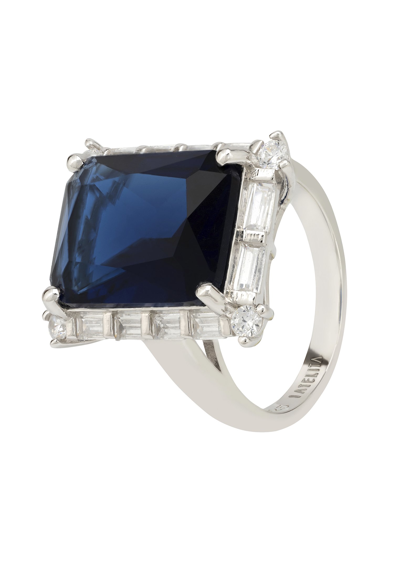 Tudor Silver Ring featuring a large rectangular sapphire surrounded by baguette cut white zircons, handcrafted in 925 sterling silver.