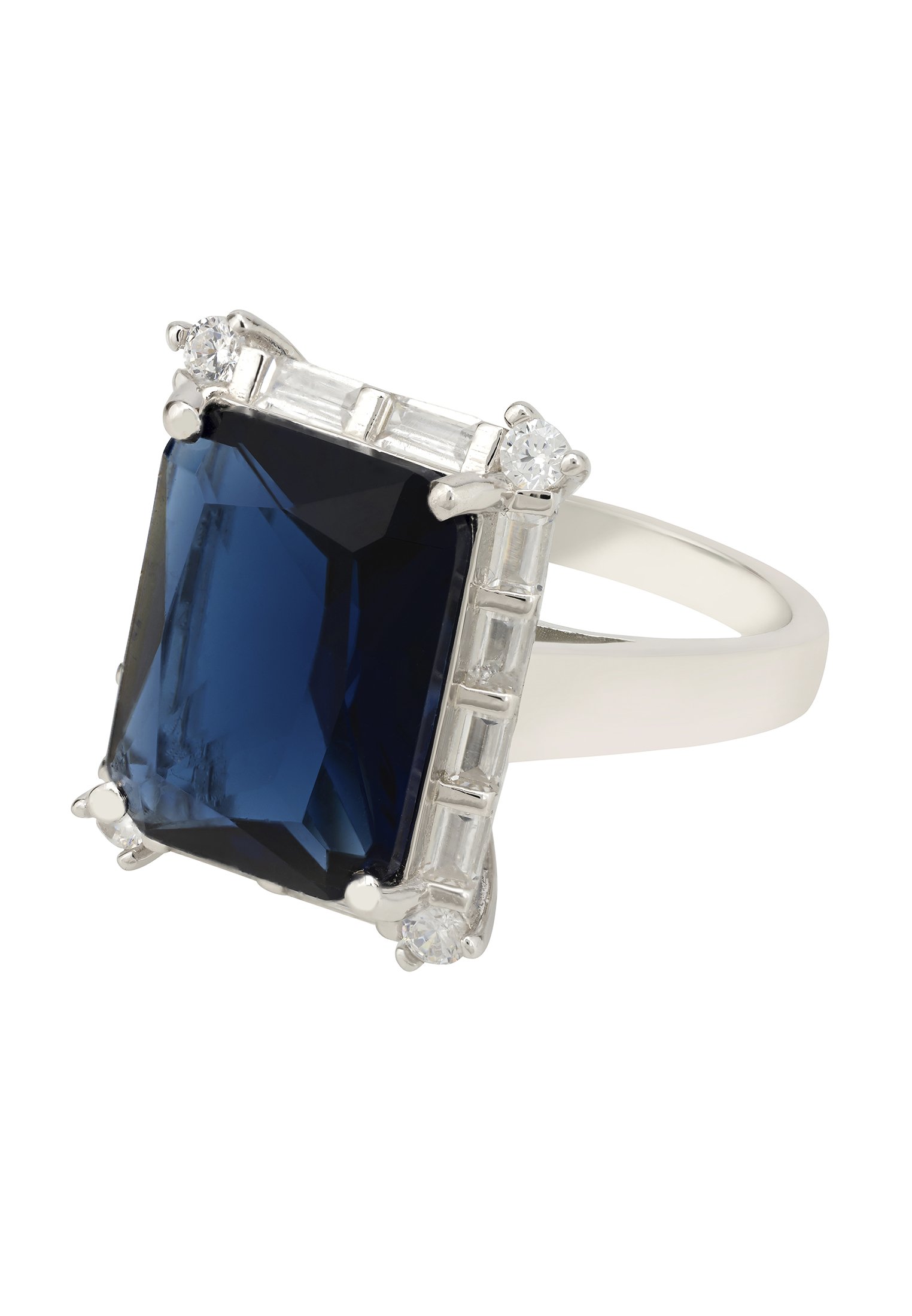 Tudor Silver Ring featuring a large rectangular sapphire surrounded by baguette cut white zircons, handcrafted in 925 sterling silver.