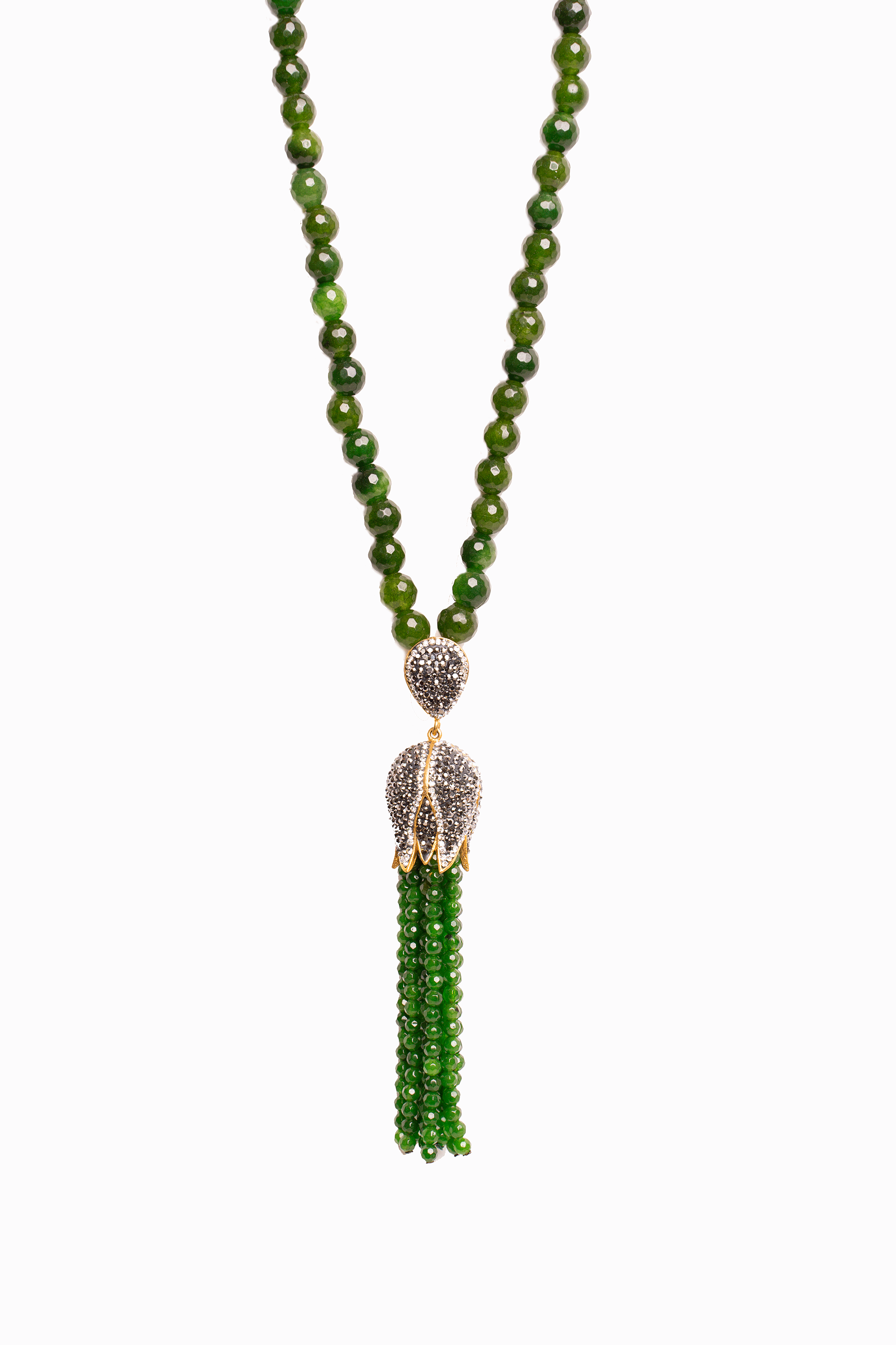 TULIP Emerald Necklace featuring a floral tassel design in yellow gold plated brass, showcasing intricate details and natural stones.