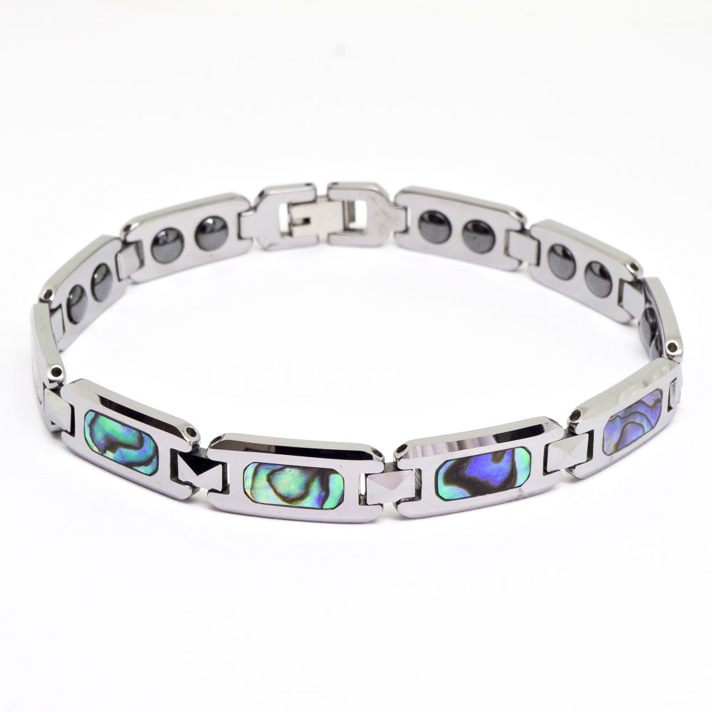 A stunning Tungsten Link Bracelet featuring Abalone Mother of Pearl inlay, showcasing its polished finish and adjustable links.