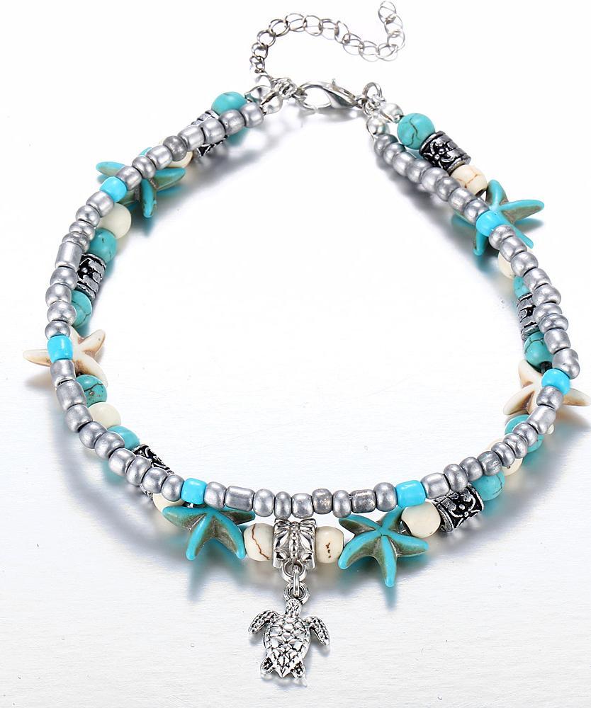 Turquoise Turtle Bohemian Ankle Bracelet in 18K white gold plating, showcasing a unique turtle design.