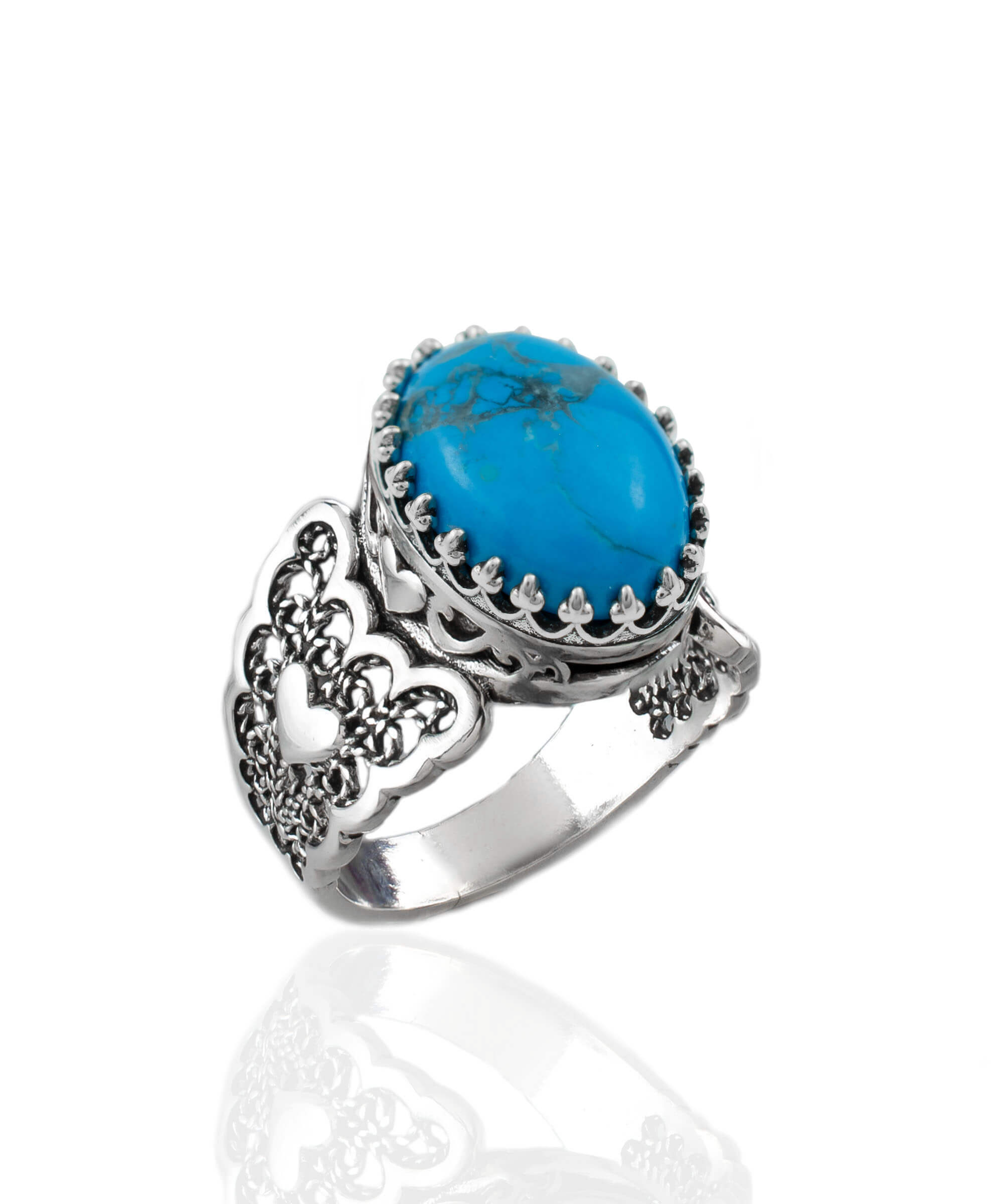 Turquoise gemstone double heart filigree ring made of 925 sterling silver, showcasing intricate design and vibrant teal color.