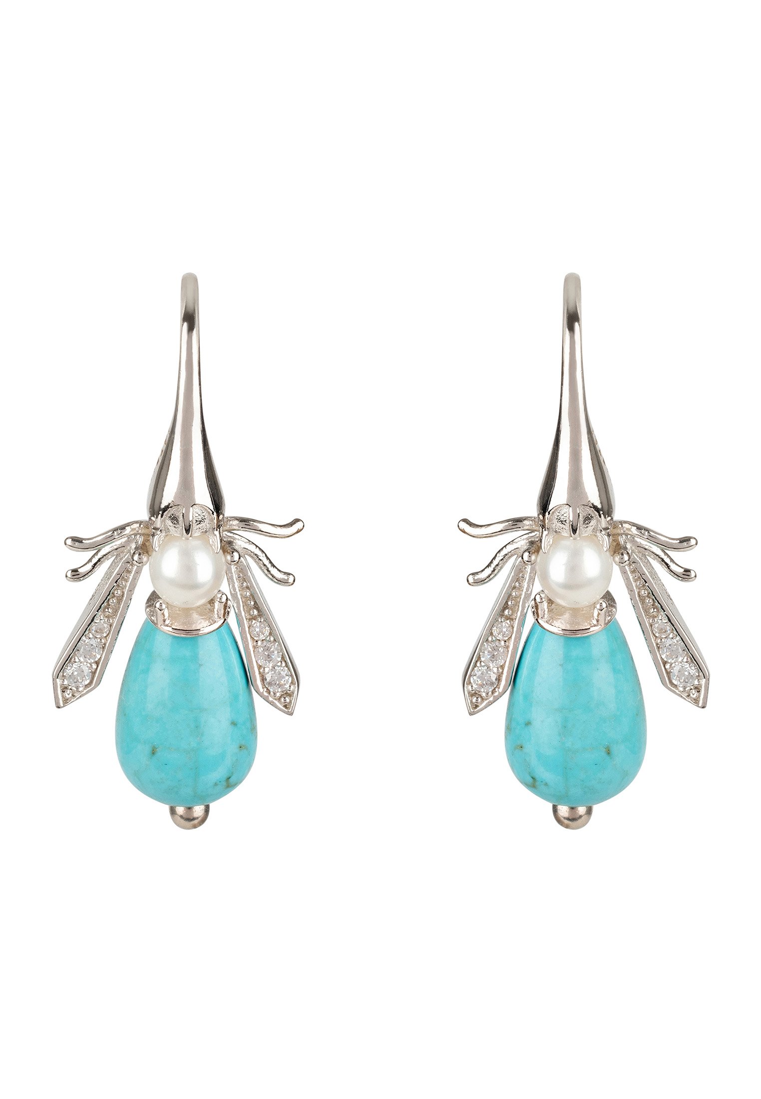 Turquoise Honey Bee Earrings crafted in sterling silver with turquoise body and pearl head, showcasing a playful and elegant design.