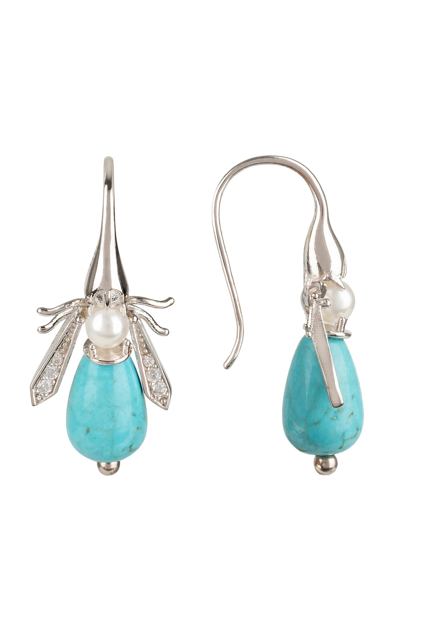 Turquoise Honey Bee Earrings crafted in sterling silver with turquoise body and pearl head, showcasing a playful and elegant design.