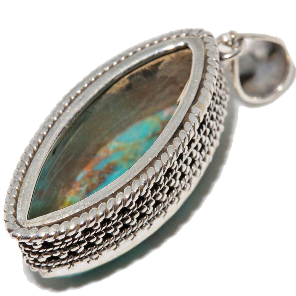 Turquoise Marquise Cut Pendant featuring a genuine turquoise stone in a marquise shape, set in intricate sterling silver filigree work.