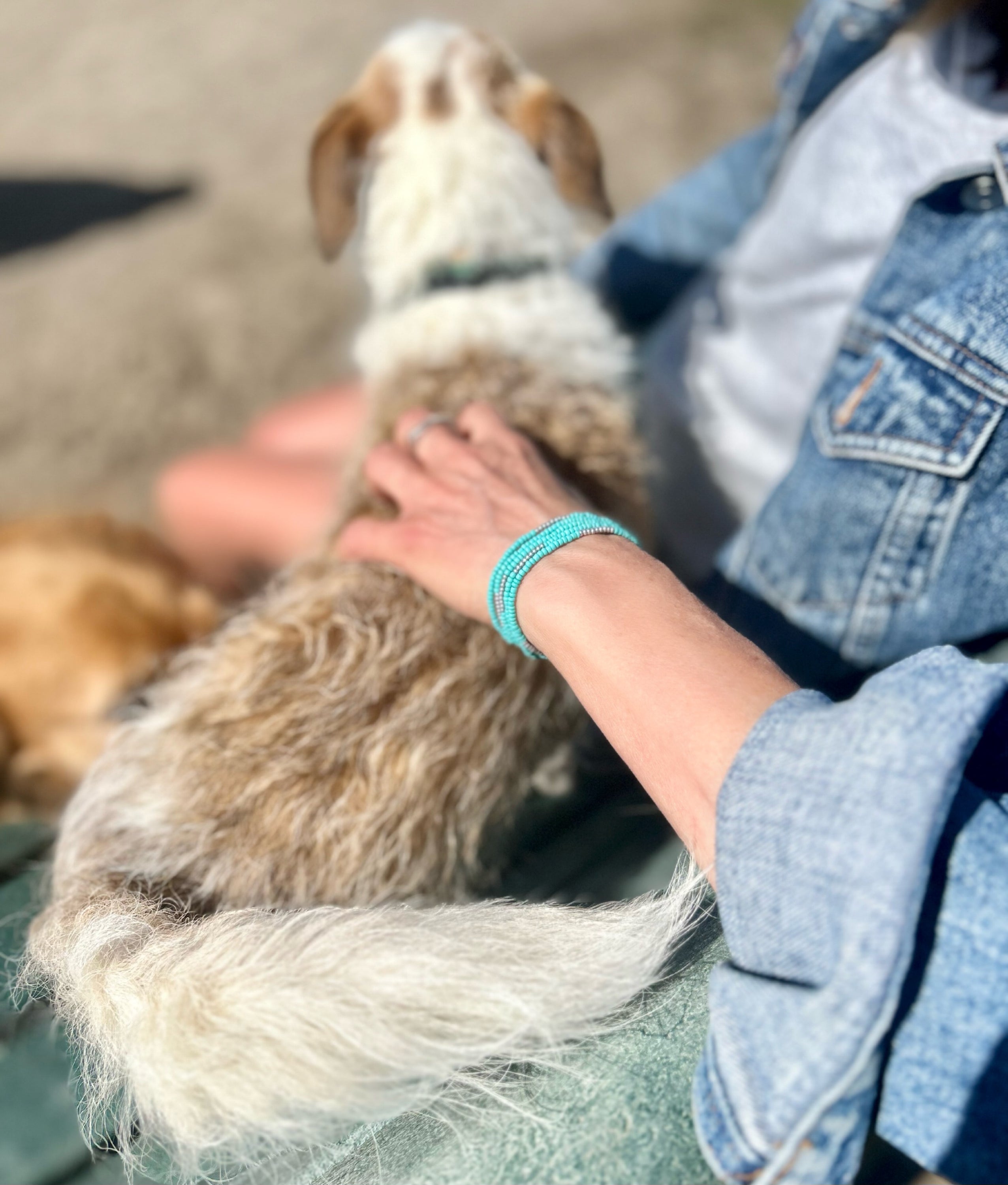 Turquoise silver-striped beaded 5-wrap bracelet showcasing vibrant Czech glass beads and metallic stripes.