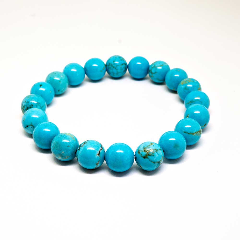 A beautiful turquoise stone beaded bracelet with 10mm beads, showcasing vibrant blue-green colors and an 8-inch length.