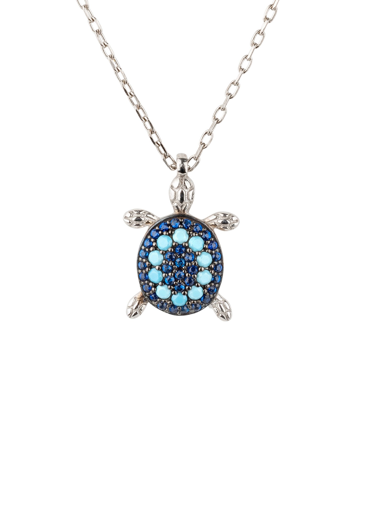 Turtle turquoise blue pendant necklace in silver with cubic zirconia, displayed elegantly on a soft background.