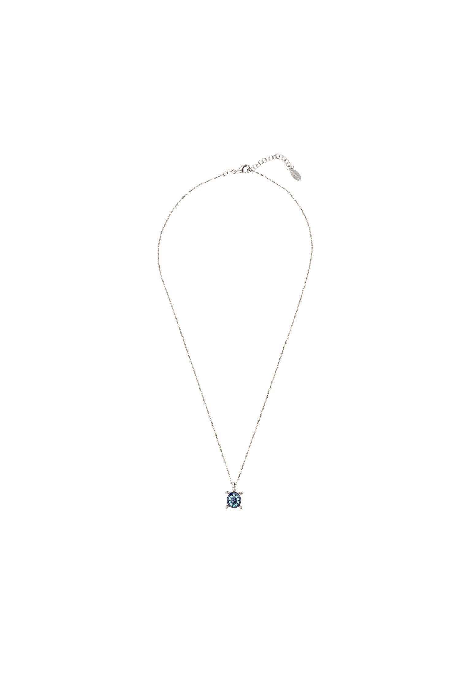 Turtle turquoise blue pendant necklace in silver with cubic zirconia, displayed elegantly on a soft background.