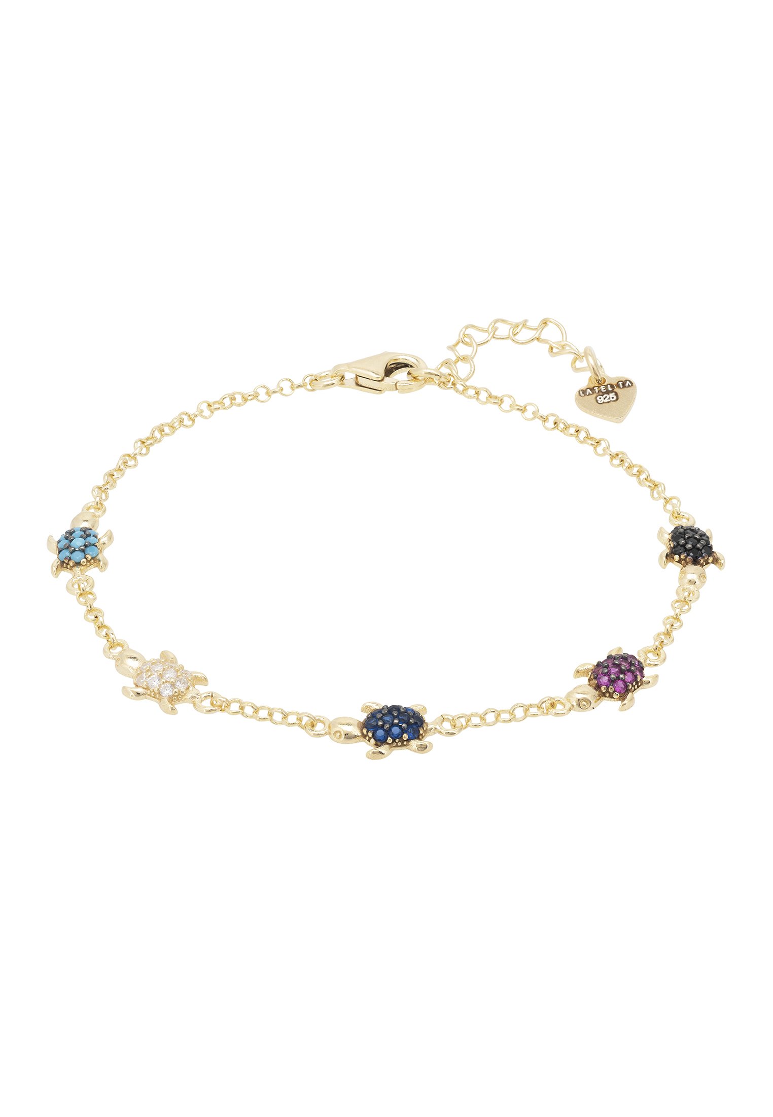 A beautiful gold bracelet featuring five colorful zirconia turtles, showcasing intricate details and vibrant colors.