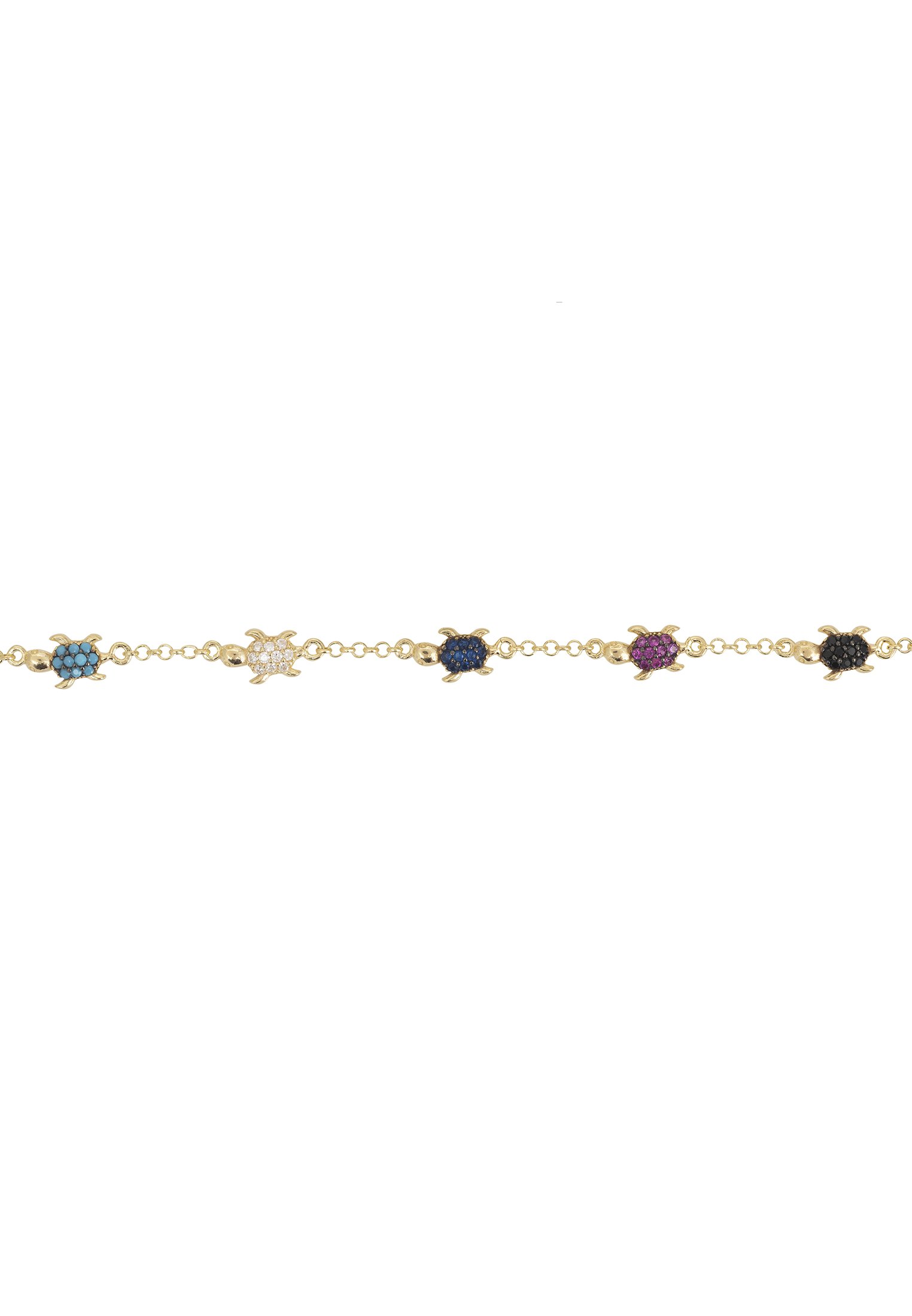 A beautiful gold bracelet featuring five colorful zirconia turtles, showcasing intricate details and vibrant colors.