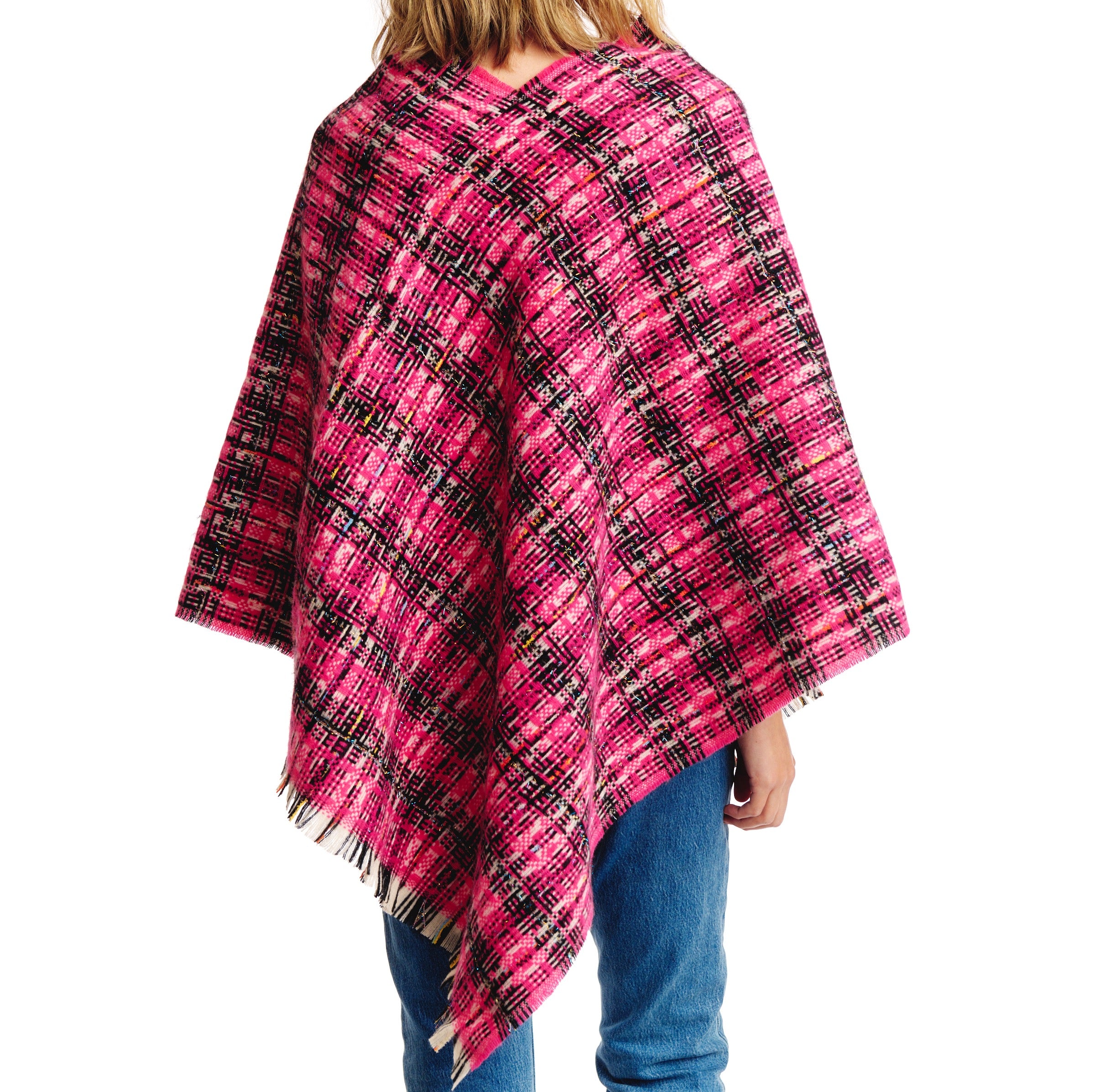 Tweed Please Luxe Poncho featuring a luxurious plaid pattern, perfect for stylish layering.