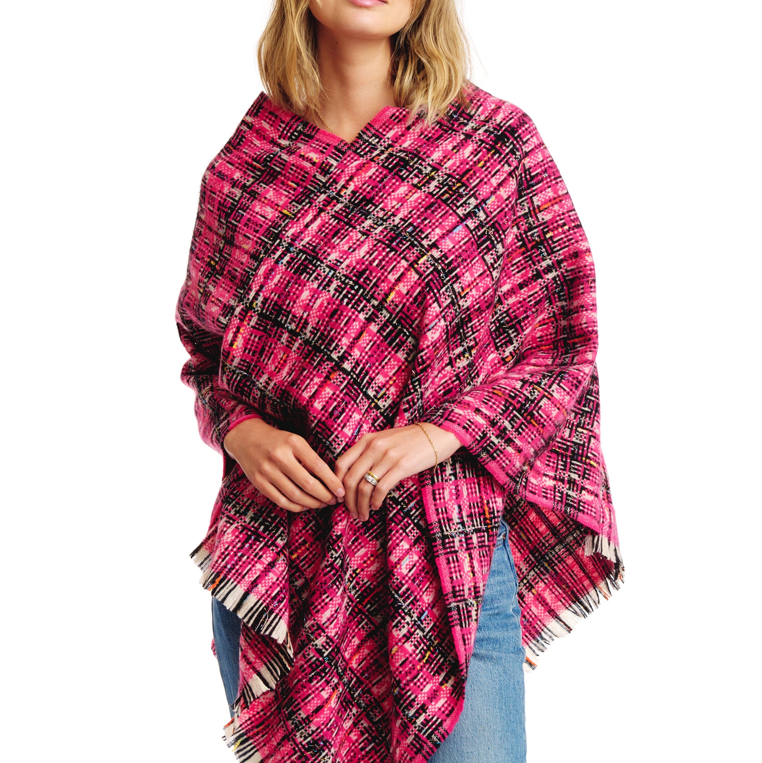 Tweed Please Luxe Poncho featuring a luxurious plaid pattern, perfect for stylish layering.