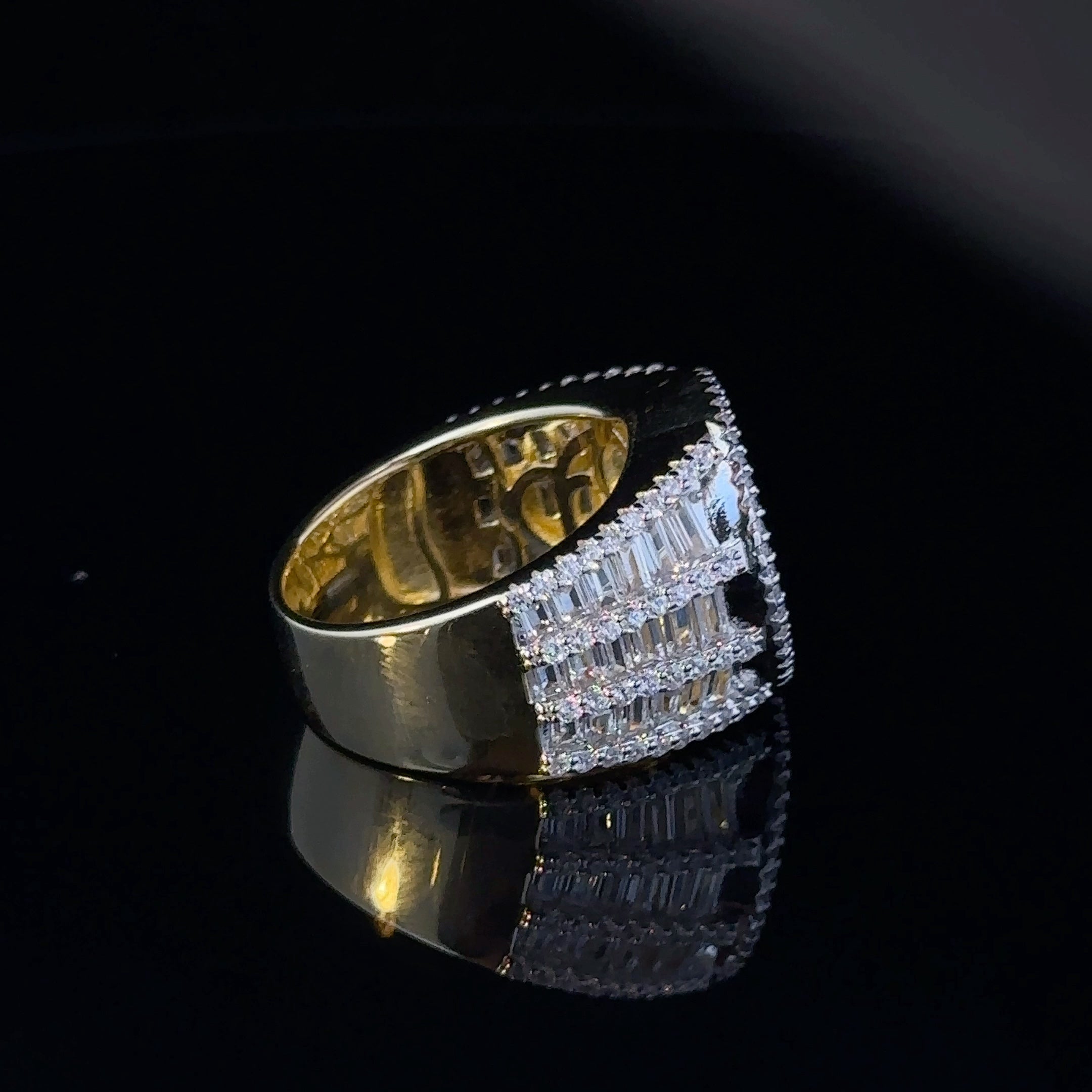 TWINKLE 925 CZ Yellow Gold Men's Iced Out Ring featuring sparkling cubic zirconia stones set in a sterling silver band.