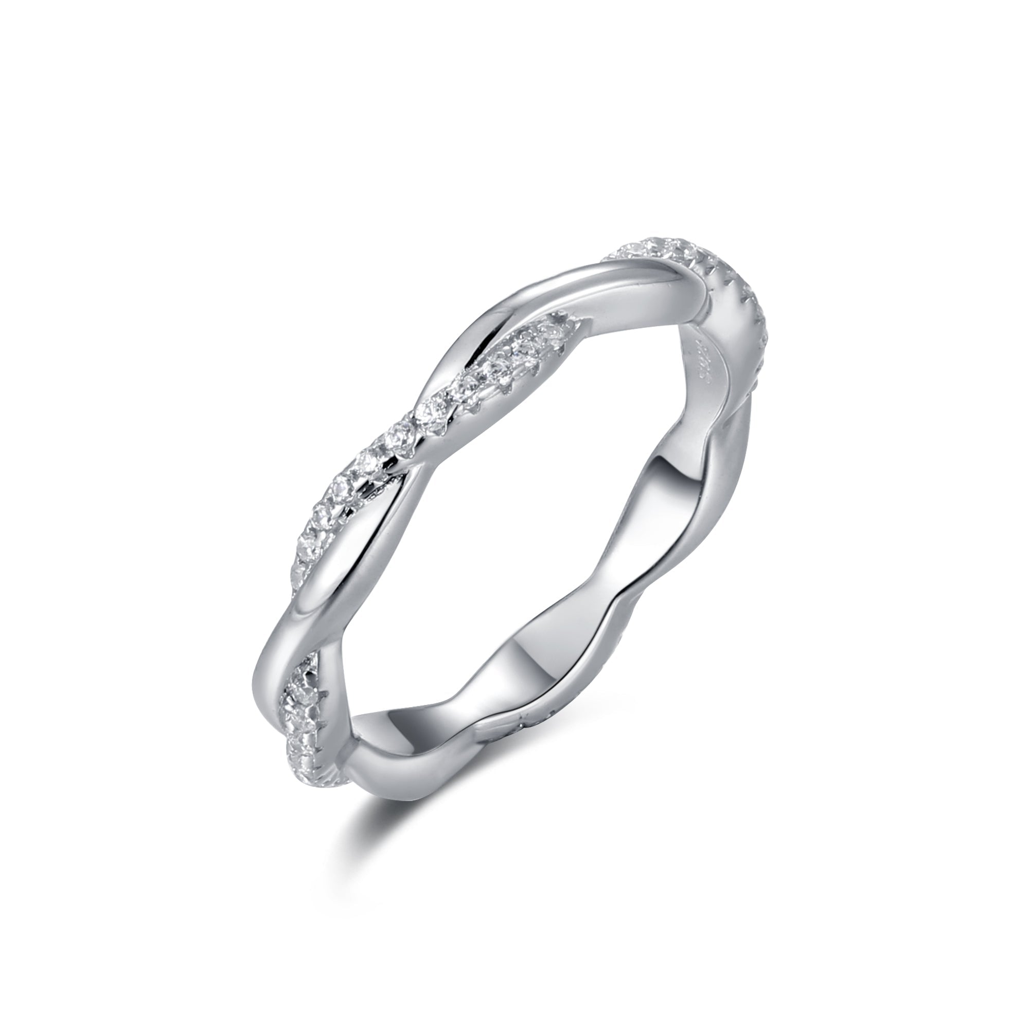 A pair of elegant twist fashion rings made from 925 sterling silver with a white gold finish and adorned with sparkling white sapphires.